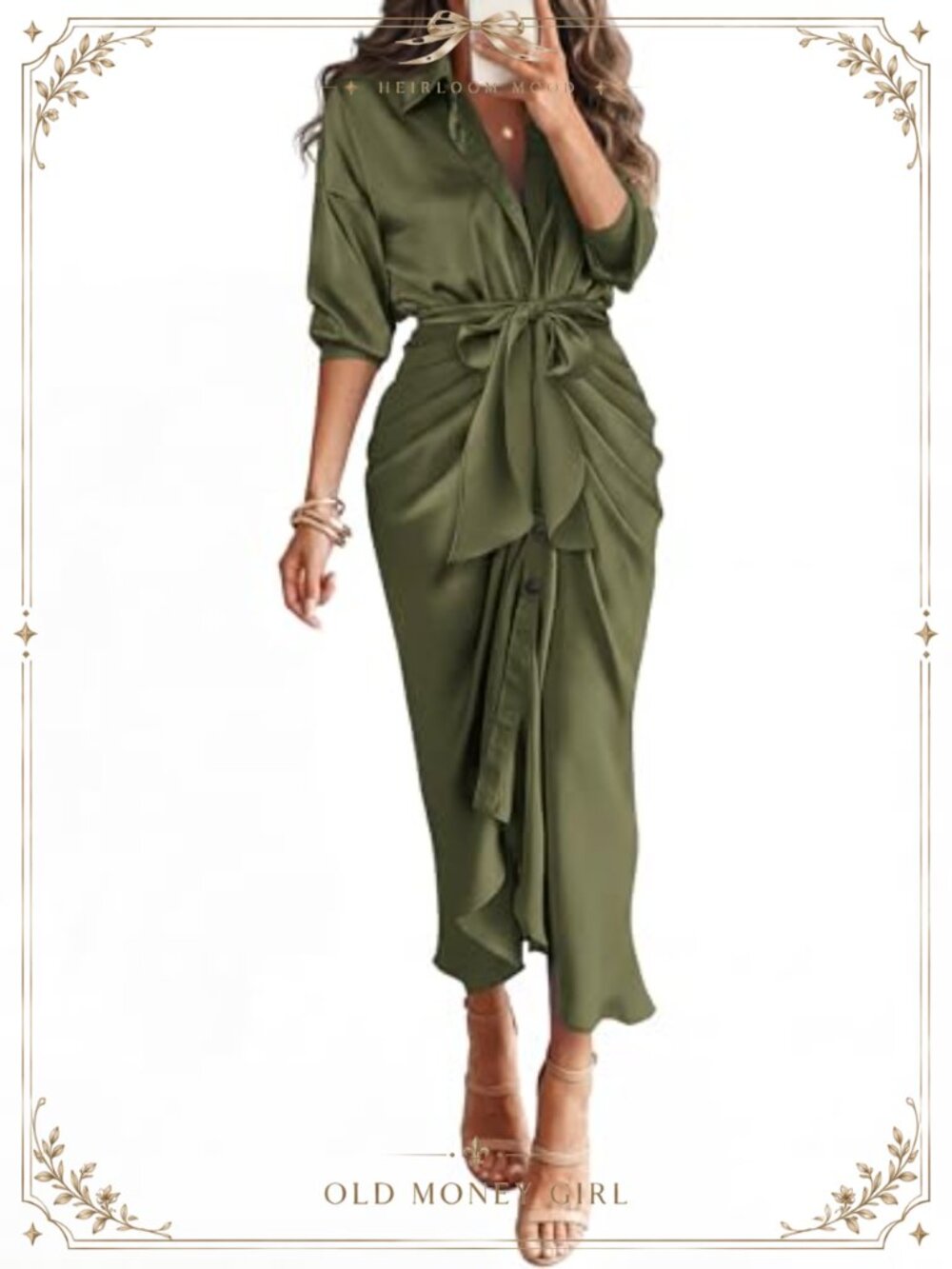 Women's Satin Maxi Shirt Dress Long Sleeve Button Down Belted V-Neck